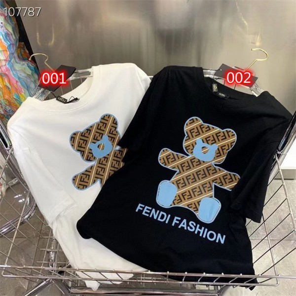 フェンディブランドＴシャツ かわいい クマ柄 Tシャツ 半袖 丸首 コットン 上着 トップス 男女兼用 人気 ゆったり コーデ Ｔシャツ 夏