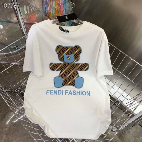 フェンディブランドＴシャツ かわいい クマ柄 Tシャツ 半袖 丸首 コットン 上着 トップス 男女兼用 人気 ゆったり コーデ Ｔシャツ 夏