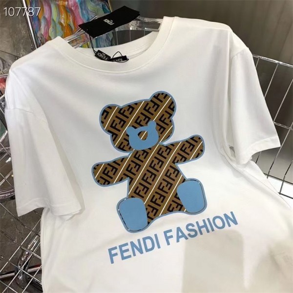 フェンディブランドＴシャツ かわいい クマ柄 Tシャツ 半袖 丸首 コットン 上着 トップス 男女兼用 人気 ゆったり コーデ Ｔシャツ 夏