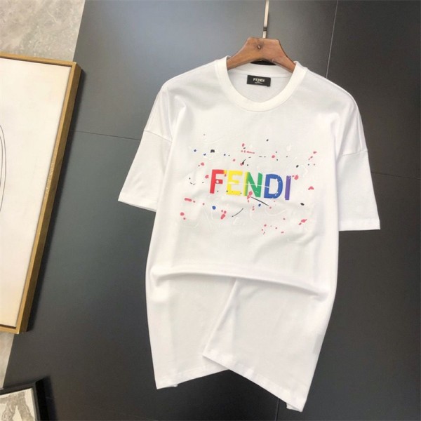 フェンディブランドｔシャツ ファッション潮流 半袖 tシャツ 高品質 コットン 肌に優しい 丸首tシャツ 男女兼用人気 カジュアル tシャツ 上着 