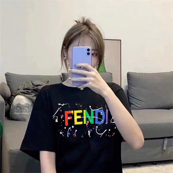 フェンディブランドｔシャツ ファッション潮流 半袖 tシャツ 高品質 コットン 肌に優しい 丸首tシャツ 男女兼用人気 カジュアル tシャツ 上着 