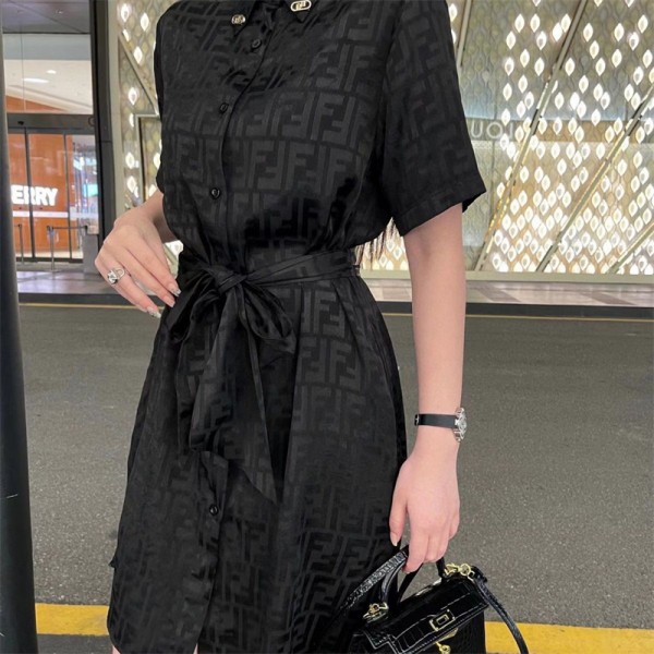 フェンディブランドワンピースレディース 春夏 半袖ロング丈シャツワンピースお洒落 FFモノグラム フレア ワンピース ドレス ハイウエスト 着瘦せAライン スカート気質 パーティー 通勤 二次会 結婚式