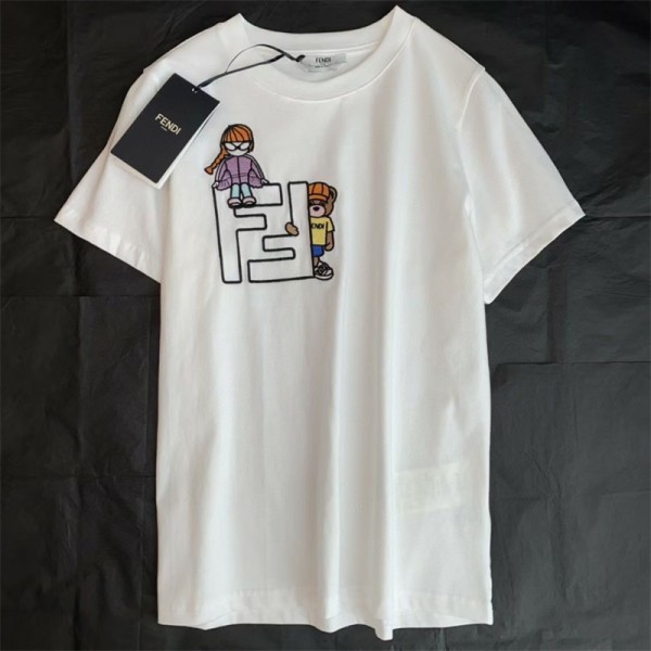 フェンディハイブランドtシャツ かわいい レディース 半袖 tシャツ ホワイト ブラックコットン 柔らかい 丸首 tシャツ 上着 夏 快適 tシャツ トップス