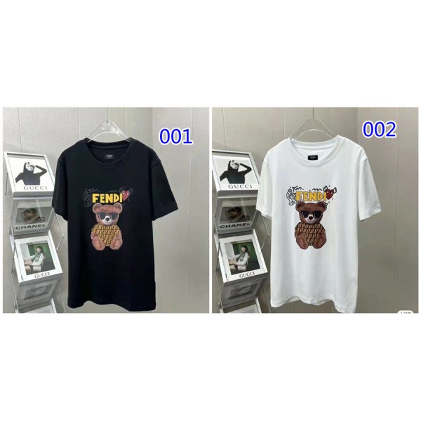 フェンディ ブランドtシャツ かわいい クマ柄 半袖 tシャツ 上着 FENDI ホワイト ブラック コットン 肌に優しい tシャツ オーバーサイズ ゆったり 丸首 tシャツトップス