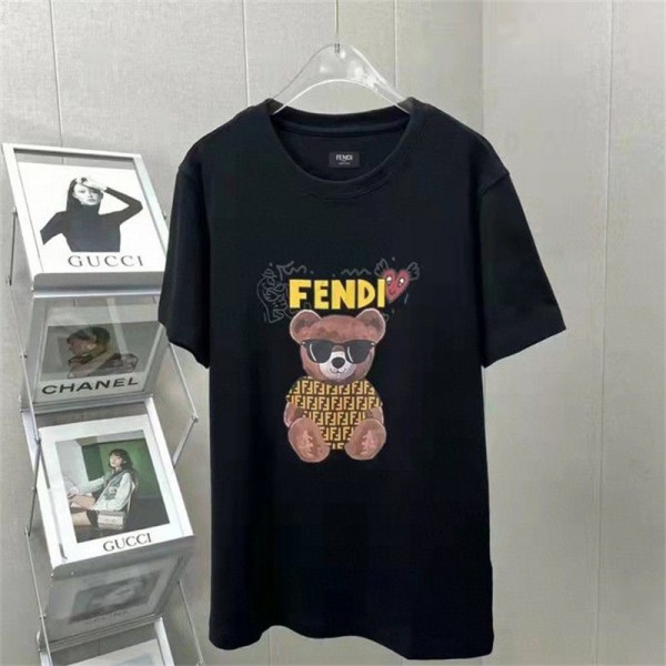 フェンディ ブランドtシャツ かわいい クマ柄 半袖 tシャツ 上着 FENDI ホワイト ブラック コットン 肌に優しい tシャツ オーバーサイズ ゆったり 丸首 tシャツトップス