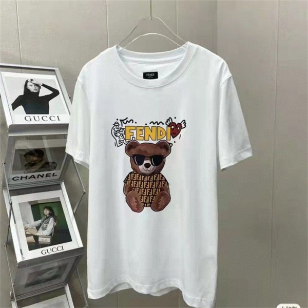 フェンディ ブランドtシャツ かわいい クマ柄 半袖 tシャツ 上着 FENDI ホワイト ブラック コットン 肌に優しい tシャツ オーバーサイズ ゆったり 丸首 tシャツトップス