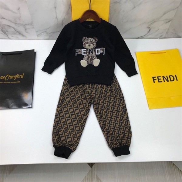 FENDI フェンディ 子供服 パーカー 長ズボンハイブランド 可愛い熊柄 プルオーバーストレッチ長パンツ セットアップ 秋冬 裏起毛 少年 少女 着心地抜群 スウェット 上着