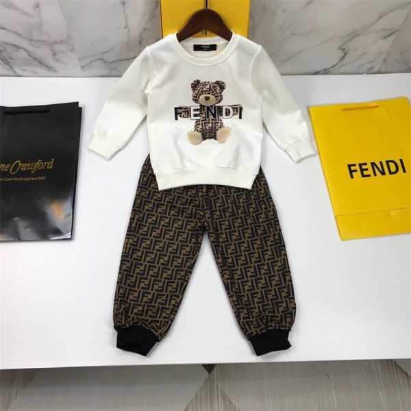 FENDI フェンディ 子供服 パーカー 長ズボンハイブランド 可愛い熊柄 プルオーバーストレッチ長パンツ セットアップ 秋冬 裏起毛 少年 少女 着心地抜群 スウェット 上着