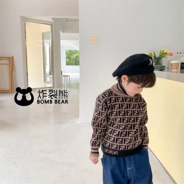 FENDI ブランド ニット バルキー編み ハイネック トップス フェンディ 子供服 セーター アウター 長袖 ベビー 赤ちゃん キッズ クリスマス 丸首 入園 保育園 秋冬 かわいい 誕生日 お出かけ ギフト プレゼント