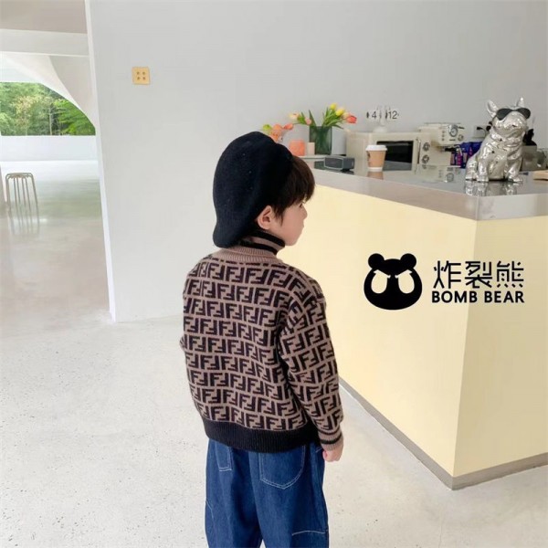 FENDI ブランド ニット バルキー編み ハイネック トップス フェンディ 子供服 セーター アウター 長袖 ベビー 赤ちゃん キッズ クリスマス 丸首 入園 保育園 秋冬 かわいい 誕生日 お出かけ ギフト プレゼント