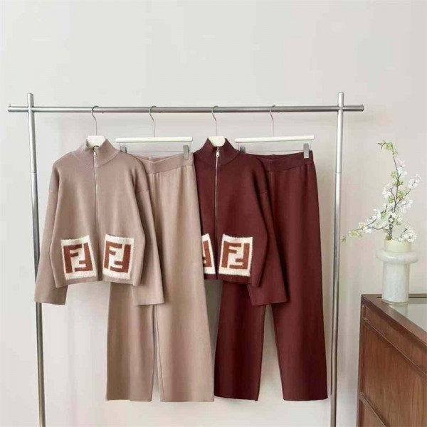 Fendi フェンディハイブランドレディース ニット 2点セット セットアップ 上下セット 二点セット ニットセーター S - 2XL ニットトップス ニットパンツ ワイドパンツ  パンツスーツ ファッション カジュアル 可愛い レトロ 通勤 通学 秋冬