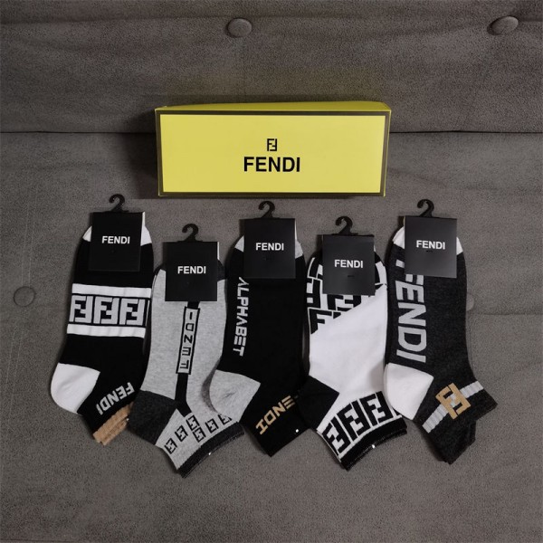 Fendi フェンディコットン 靴下 メンズ 通気性ブランドミドルソックス 高品質 浅口ソックス 女の子好き 韓国ブランドソックス 男女兼用 ファッション 5足セット