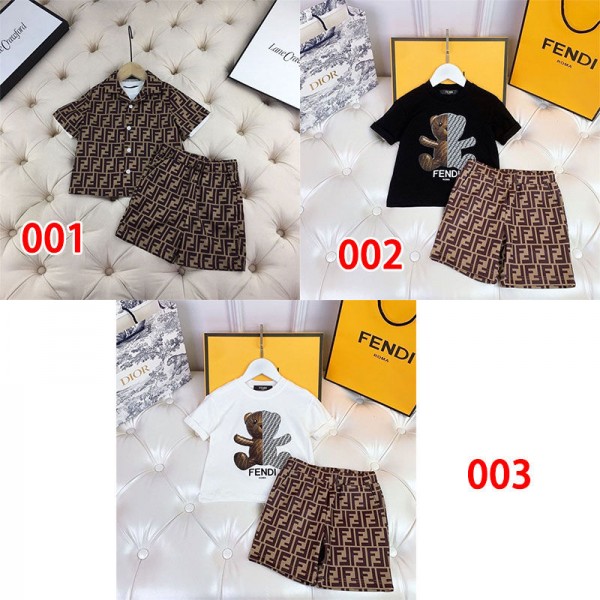 Fendi フェンディハイブランド子供パジャマ 男の子 上下セット 半袖Tシャツ+半ズボン キッズ 部屋着 FFモノグラム柄 綿 ルームウェア 夏 キャラクター 90 - 150CM
