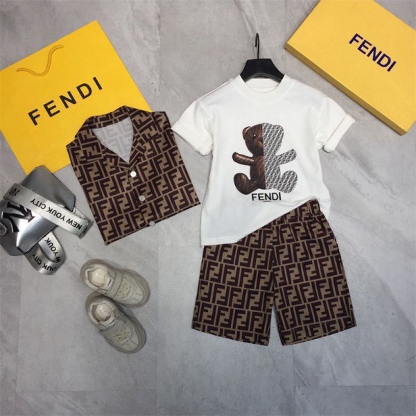 Fendi フェンディハイブランド子供パジャマ 男の子 上下セット 半袖Tシャツ+半ズボン キッズ 部屋着 FFモノグラム柄 綿 ルームウェア 夏 キャラクター 90 - 150CM