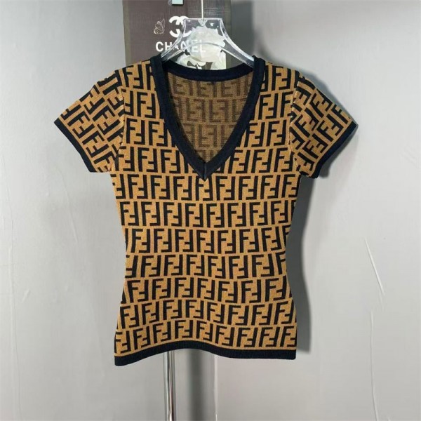 Fendi フェンディブランドニット レディース Ｖネック サマーニット カットソー ストレッチ 柔らか 着回し力 薄手 着痩せ シンプル おしゃれ きれいめ 可愛い セーター XS - L 通勤 デート 春 夏