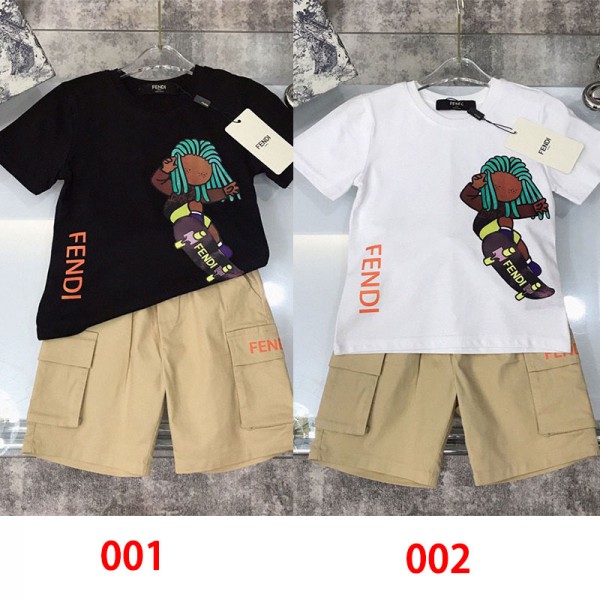 Fendi フェンディブランド子供服 男の子 セットアップ 夏 半袖 Tシャツ ハーフパンツ 半ズボン 上下セット 子供 ジャージ 上下セット 男の子 服 カジュアル 韓国 おしゃれ 男の子 半袖スウェット セットアップ キッズ 90-160cm