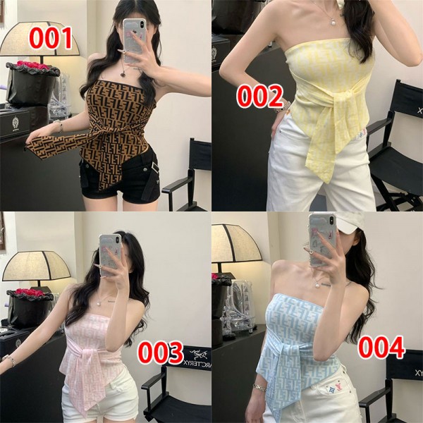 Fendi フェンディハイブランドタンクトップ レディース ニット エレガントニットトップ女性のための伸縮性チューブバンドゥブラクロップトップスカジュアルやパーティー着用 キャミソール XS - L