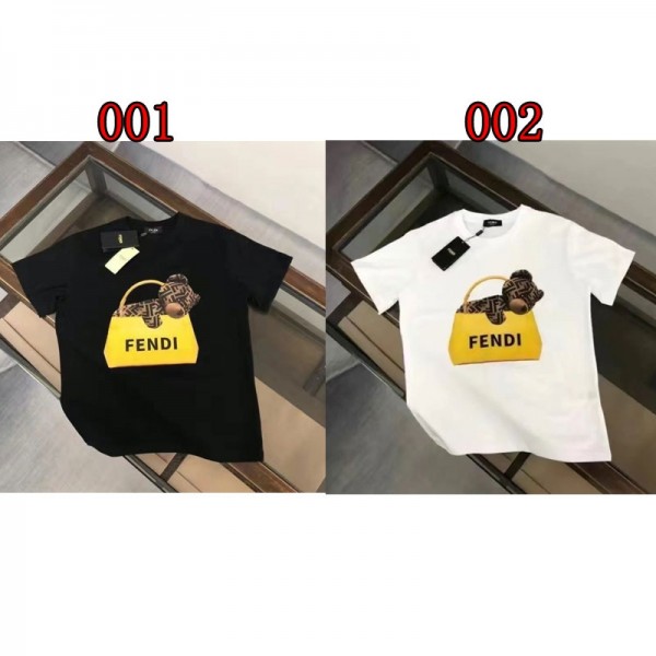 Fendi フェンディブランド子供tシャツカットソー 半袖Tシャツ キッズ 半袖 丸首 トップス 綿100％ COTTON  熊プリント柄 上着 100-160CM