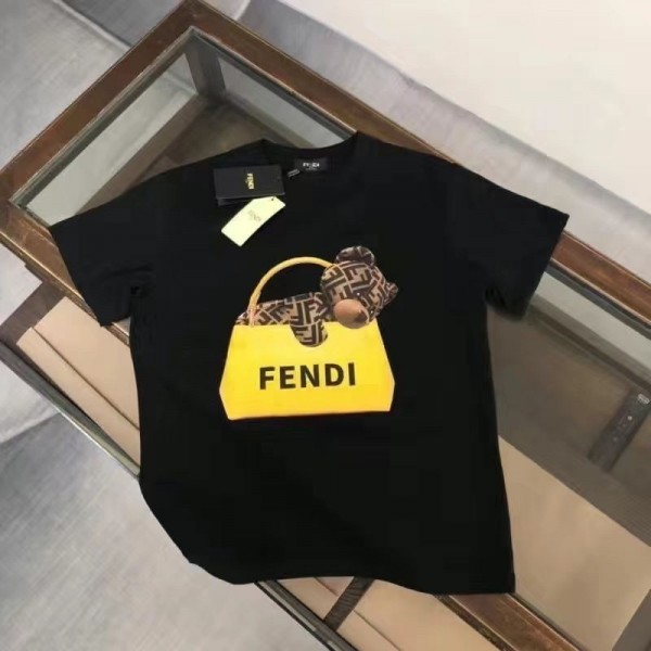 Fendi フェンディブランド子供tシャツカットソー 半袖Tシャツ キッズ 半袖 丸首 トップス 綿100％ COTTON  熊プリント柄 上着 100-160CM