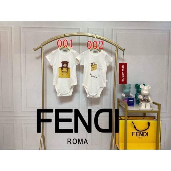 フェンディハイブランドFENDI風 ベビーロンパース 赤ちゃん夏服 クマちゃんプリント 半袖 新生児服 夏用 ベビーつなぎ 男の子 女の子 おしゃれ ブランド風 59 66 73 80 90cm