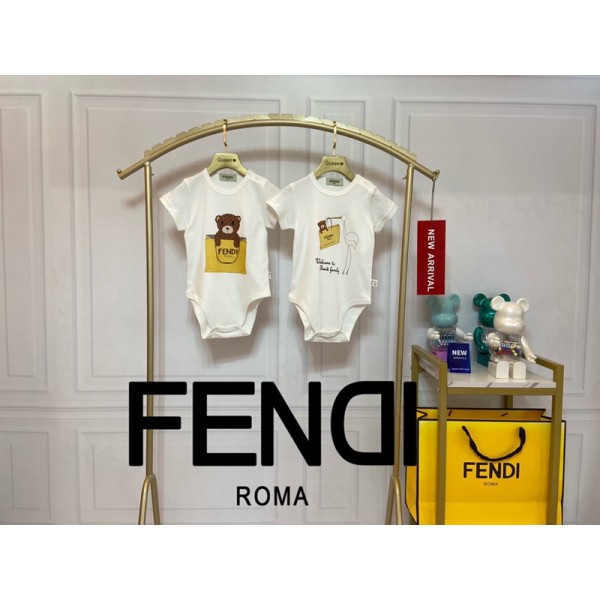 フェンディハイブランドFENDI風 ベビーロンパース 赤ちゃん夏服 クマちゃんプリント 半袖 新生児服 夏用 ベビーつなぎ 男の子 女の子 おしゃれ ブランド風 59 66 73 80 90cm