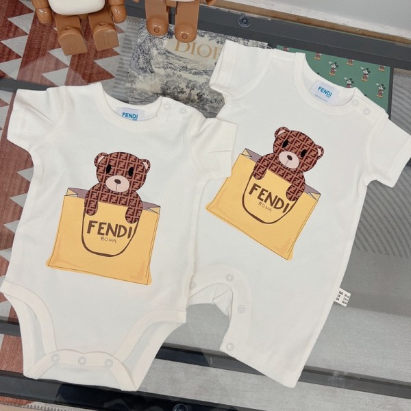 フェンディハイブランドFENDI風 ベビーロンパース 赤ちゃん夏服 クマちゃんプリント 半袖 新生児服 夏用 ベビーつなぎ 男の子 女の子 おしゃれ ブランド風 59 66 73 80 90cm