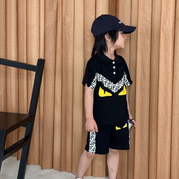 Fendi フェンディハイブランド 男の子 上下 2点セット パンツセット ズボン ジャージ ハーフパンツ ボーイズ ポロシャツ 90-150cm 夏 半袖 切り替え プリント ゆったり カジュアル ファション 運動着 部活動