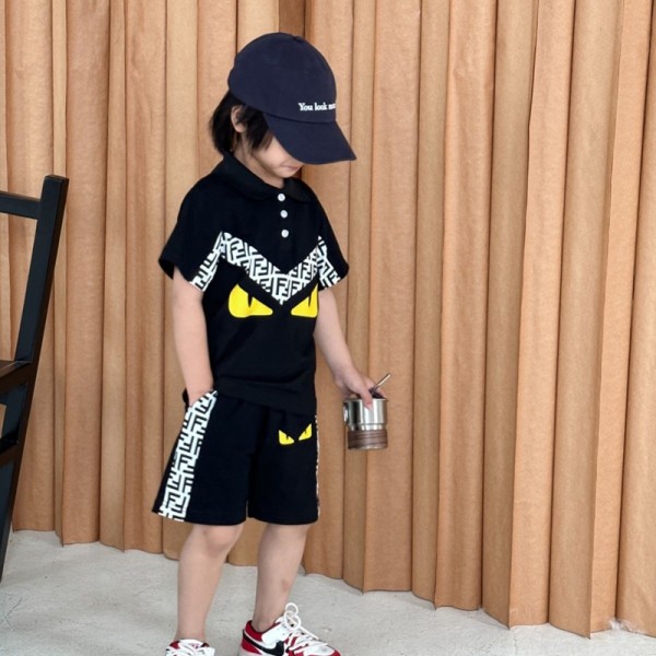 Fendi フェンディハイブランド 男の子 上下 2点セット パンツセット ズボン ジャージ ハーフパンツ ボーイズ ポロシャツ 90-150cm 夏 半袖 切り替え プリント ゆったり カジュアル ファション 運動着 部活動