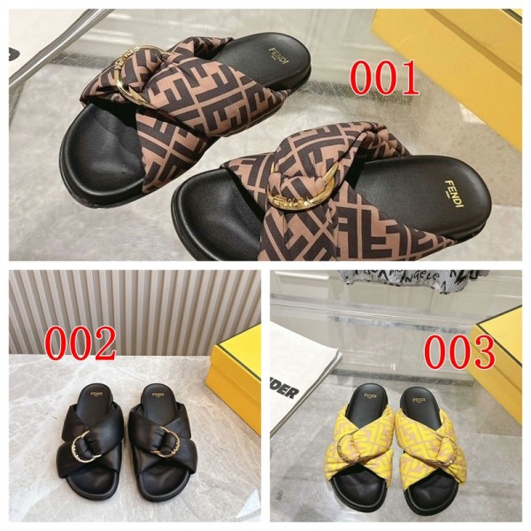 Fendi フェンディハイブランド ビーチサンダル FENDIサテン FF総柄 クロスリボンスライドサンダル レディース フラットスリッパ ブラウン 柔らか ビーチスリッパ 225¬275mm