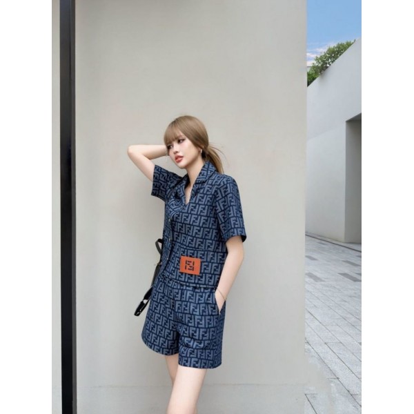 Fendi フェンディブランドデニム夏服 メンズ 上下セットアップ レディースシャツ 半袖 カーゴパンツ ジャガード柄 シボ加工 冷感 涼しい ゆったり 通気性 S-L ハーフパンツ ショート パンツ ズボン 無地 カジュアル ファッション トップス