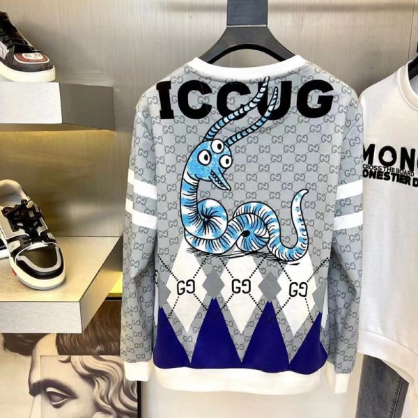 Gucciハイブランドパーカーファッション潮流プルオーバーメンズグッチ 定番プリントコットンスウェット上着 大きいサイズ 丸首 長袖シャツウェア 秋冬