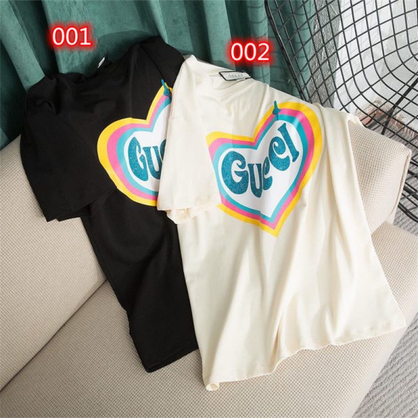 グッチブランド tシャツ半袖 コットン丸首 tシャツおしゃれ ハートプリント 柔らかい 肌に優しい tシャツ オーバーサイズ レディースメンズ 人気 tシャツ 上着 