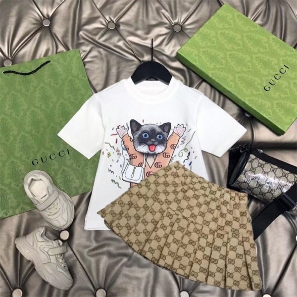 グッチブランドキッズ tシャツスカート2点セットおしゃれ 高品質 コットン肌に優しい tシャツ Gucci定番プリントショート スカート 女の子 ガールズ 子供服 半袖tシャツ 普段着 通園 通学