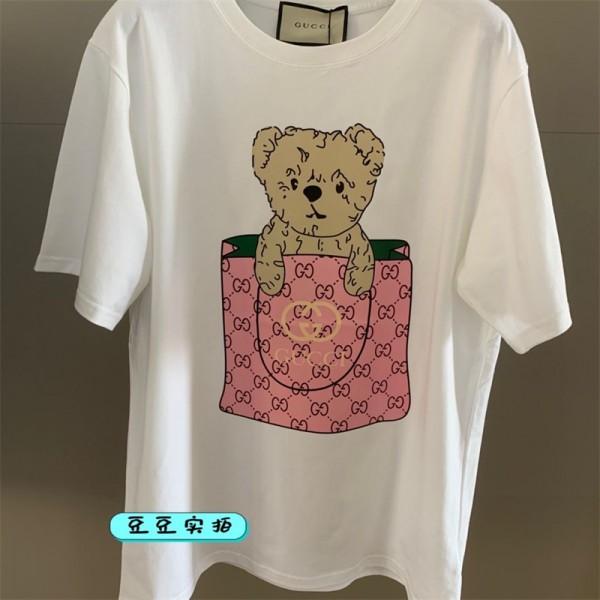 グッチ tシャツハイブランド Gucci かわいい 高品質 半袖 tシャツ トップス ドロップショルダー ルーズ 着瘦せ 丸首 tシャツ 上着 若者愛用