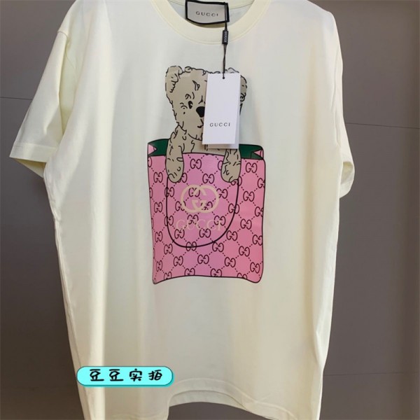 グッチ tシャツハイブランド Gucci かわいい 高品質 半袖 tシャツ トップス ドロップショルダー ルーズ 着瘦せ 丸首 tシャツ 上着 若者愛用