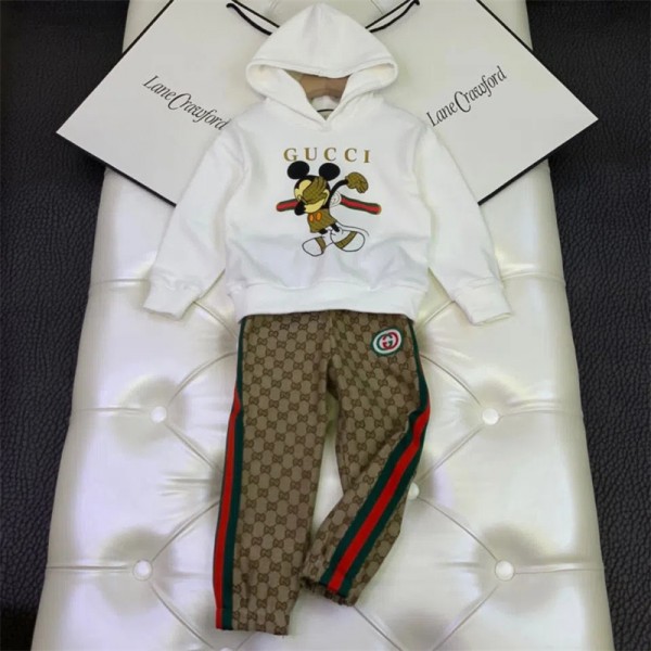 グッチブランド キッズ パーカー長パンツ 2点セット GUCCIシンプル 高品質 フード付き プルオーバー 子供服 秋冬 裏起毛 暖かい人気 ガールズ ボーイ キッズ服 普段着