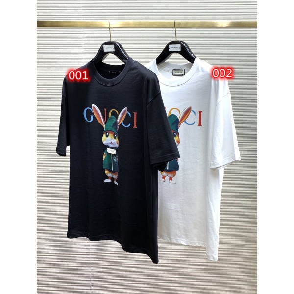 グッチブランドtシャツ 夏 レディースメンズ 半袖 tシャツ トップス かわいいウサギ柄 丸首 tシャツ 上着 オーバーサイズ ゆったり tシャツ