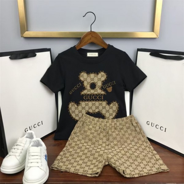 グッチ キッズtシャツ 半パンツハイブランド GUCCI かわいい クマ柄 子供服 2点セット ガールズ ボーイ セットアップ服 通学 遊び 90cm-160cm