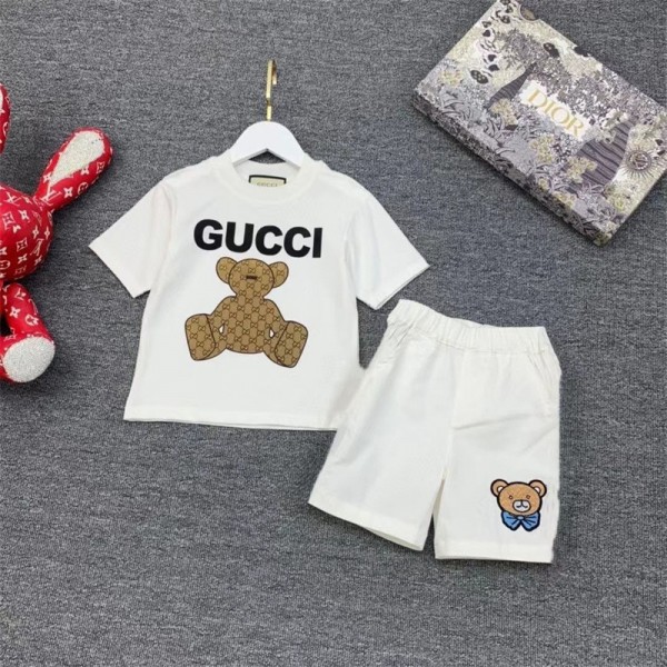 Gucci グッチ ブランド 子供服 Tシャツ ハーフパンツ 2点セット ファッション 潮流 定番ロゴ 半袖 半ズボン キッズ服 90-160cm