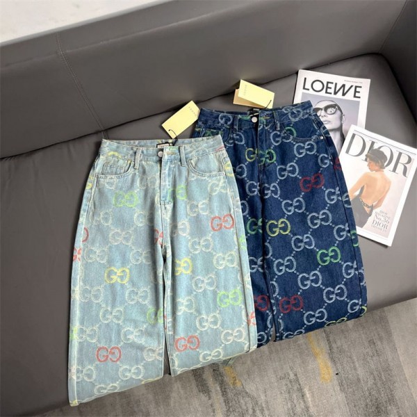 ブランド グッチ ハイウエストデニム レディース Gucci ワイドパンツ 大きいサイズ ストレートパンツ 美脚 デニムパンツ ゆったり ジーンズ 体型カバー ジーパン ハイウエスト ズボン ロング パンツ 春 秋 冬