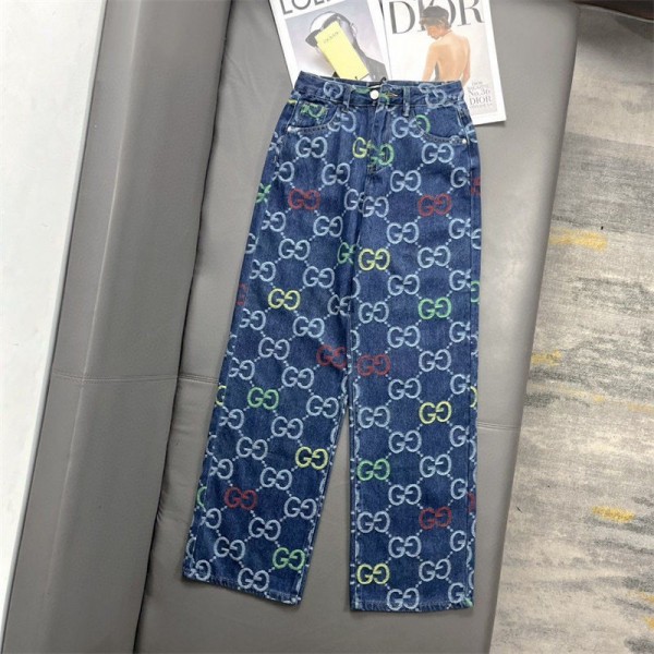 ブランド グッチ ハイウエストデニム レディース Gucci ワイドパンツ 大きいサイズ ストレートパンツ 美脚 デニムパンツ ゆったり ジーンズ 体型カバー ジーパン ハイウエスト ズボン ロング パンツ 春 秋 冬