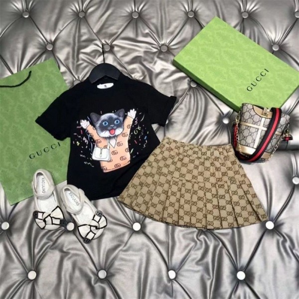 Gucci グッチハイブランド子供服 女の子 セットアップ 上下セット tシャツ スカート ジャージ 女の子 ダンス 普段着 通園 通学 夏 運動 ルームウェアー お出かけ 旅行 海辺90-160cm