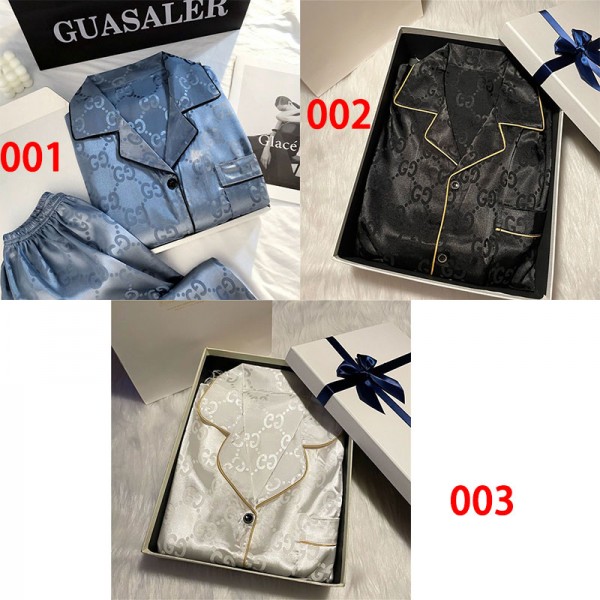 Gucci ブランド パジャマ レディース 上下セット 女性用 グッチ シルク 半袖 ショートパンツ ルームウェアセット 前開き 室内着 部屋着 滑らか 通気性 M - 2XL 薄手 肌に優しい 春 夏 秋 ナイトウェア