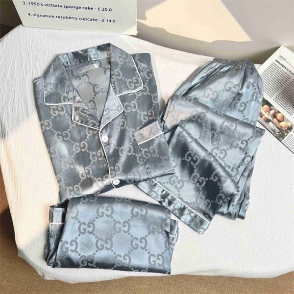 グッチレディース寝間着 合成 シルク パジャマ 半袖 3点セット GUCCI GG柄 可愛い 春 夏 前開きパジャマ 着やすい 肌触りがいい 快適 ルームウェア 部屋着 柔らかい 通気 