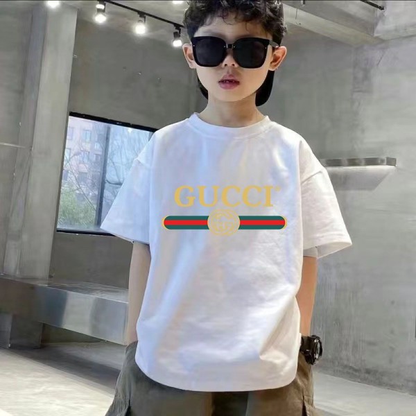 Gucci グッチ子供tシャツハイブランド夏Tシャツ スクリプトロゴ キッズ 半袖 丸首 綿100% バインダーネック ラバープリント ショートスリーブTシャツ ベーシック100 - 160cm