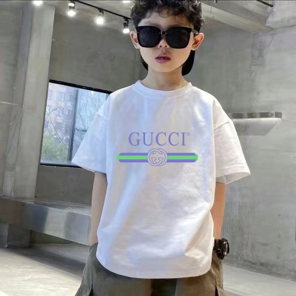 Gucci グッチ子供tシャツハイブランド夏Tシャツ スクリプトロゴ キッズ 半袖 丸首 綿100% バインダーネック ラバープリント ショートスリーブTシャツ ベーシック100 - 160cm