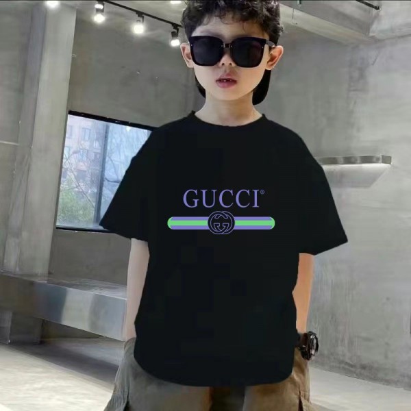 Gucci グッチ子供tシャツハイブランド夏Tシャツ スクリプトロゴ キッズ 半袖 丸首 綿100% バインダーネック ラバープリント ショートスリーブTシャツ ベーシック100 - 160cm