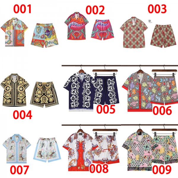 Gucci グッチハイブランドアロハシャツ スーツ 半袖シャツ 2点セット アロハシャツ+ショートパンツ  夏 上下セット S- 5XL メンズ Tシャツ セットアップ 短パン ビーチシャツ プリント ハワイシャツ カジュアル 通気性 大きいサイズ ハワイアンシャツ 立つ襟 人気 ポロシャツ 海辺 気品 色気 辛派