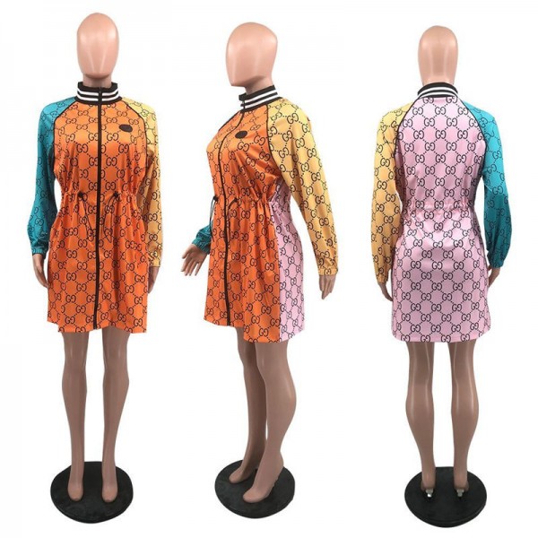 ブランド グッチワンピース レディースジャケット式 ジッパー Gucci ロングスカート ミディ丈 スリット ウエストゴム ベルトなし 上品 体型カバー 着瘦せ パーティー きれいめ カジュアル 通勤 大人 可愛い オフィス 春 秋 S  - 2XL