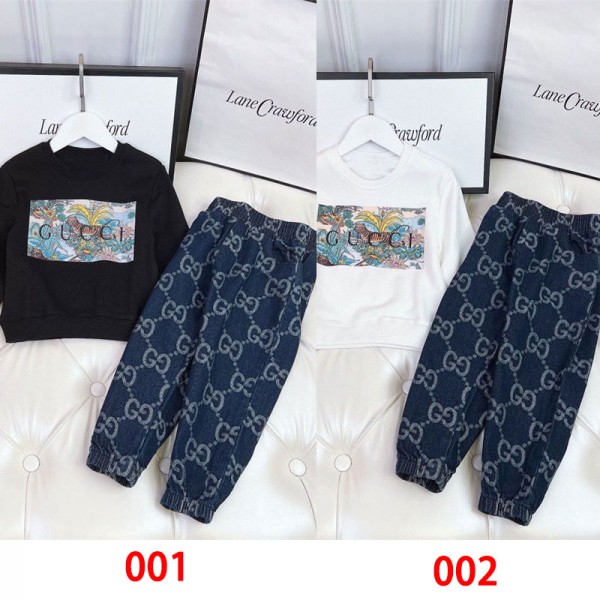 Gucci グッチブランド子供服 春秋 男の子 ジャージ セットアップ 裏起毛 スウェット上下セット 100 - 160cm ボーイズ 2点セット スポーツウェア カジュアル パーカー+デニムパンツ 通園 通学 ダンス衣装 運動着 ジュニア服